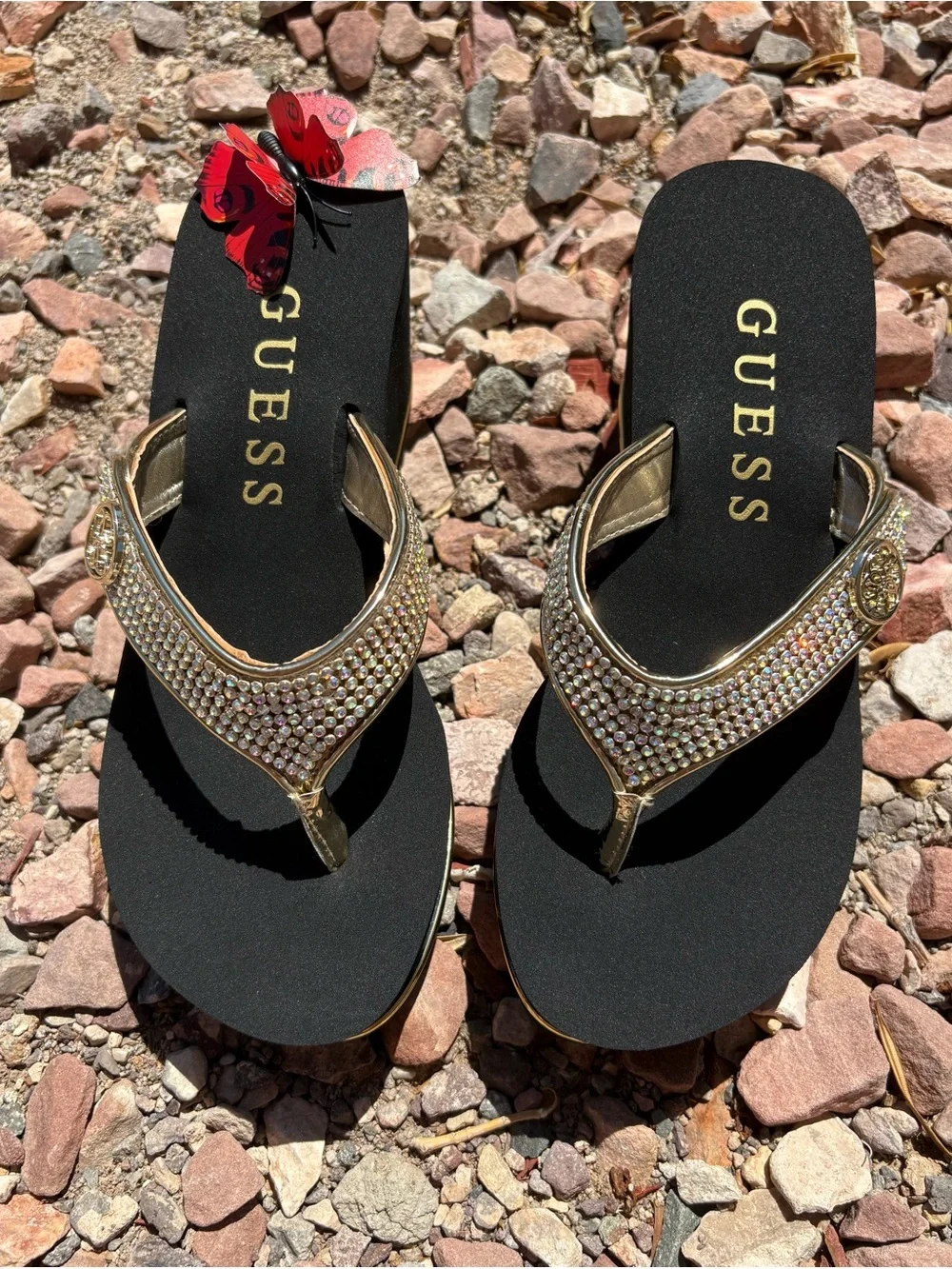 GUESS Sarraly 4 Gold Rhinestone Wedge Sandals Size 8 NIB W Crystal Accents